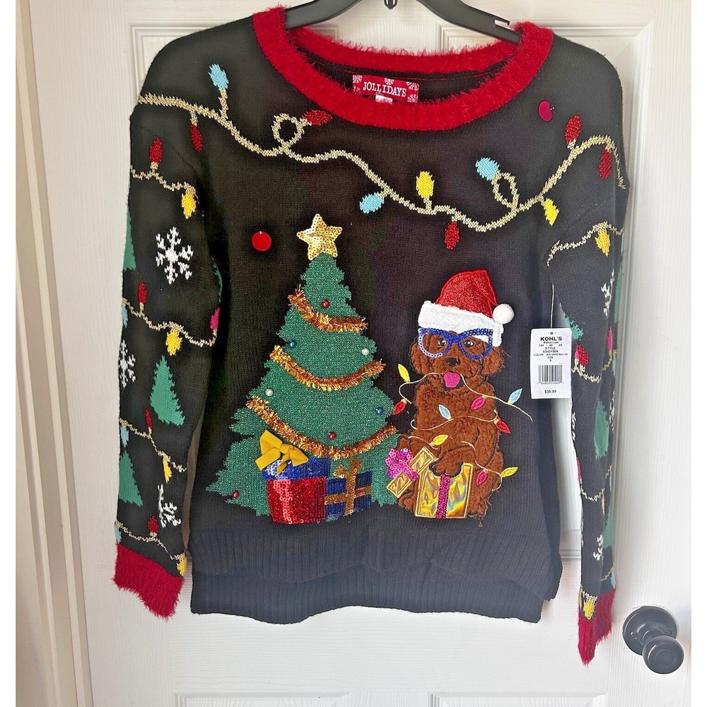 Ugly Christmas Sweater Black Sweater Size‎ Small Dog Puppy Women's Jollidays BxL